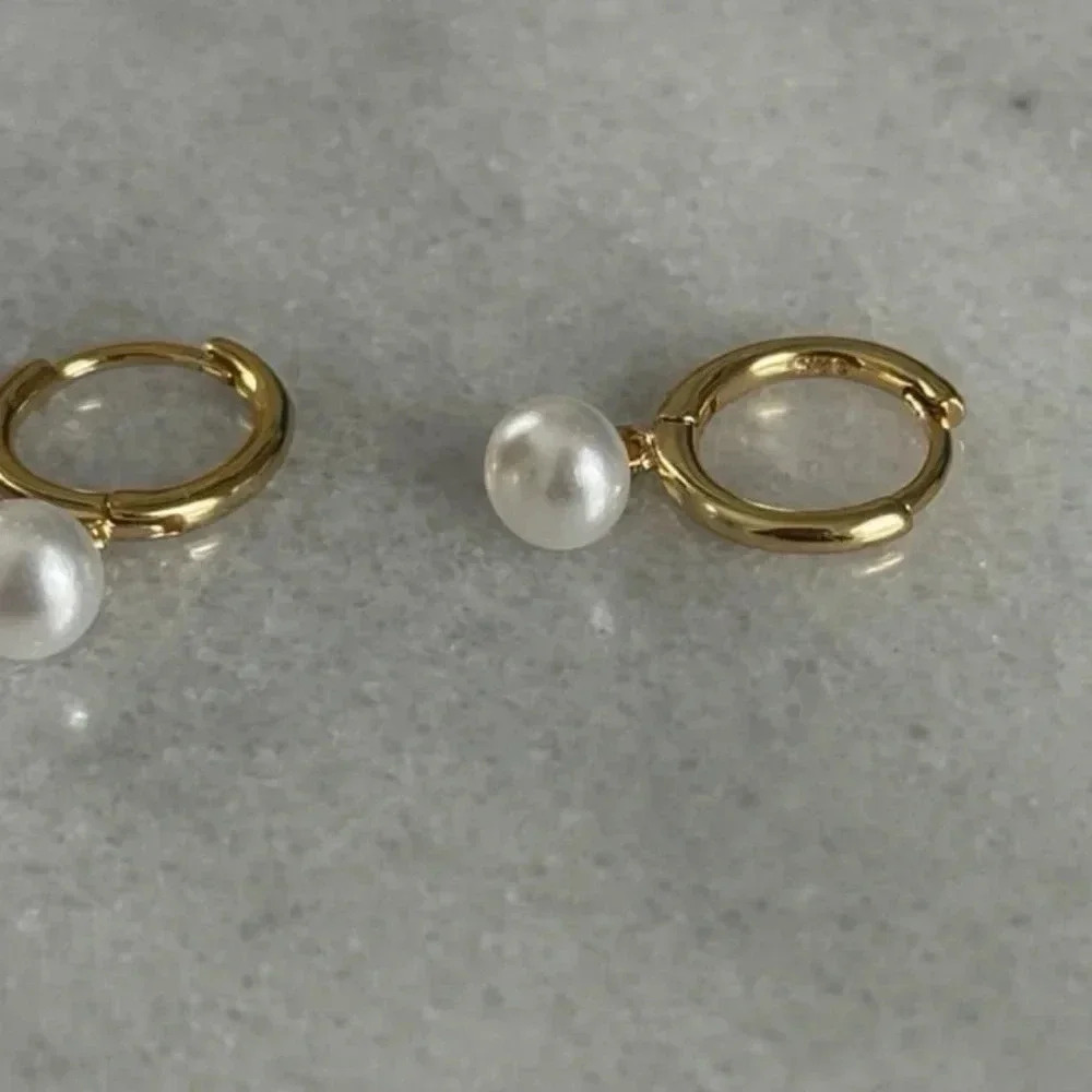 COPY - Gold Pearl Dangle Huggie Hoop Earrings - Picture 3 of 4